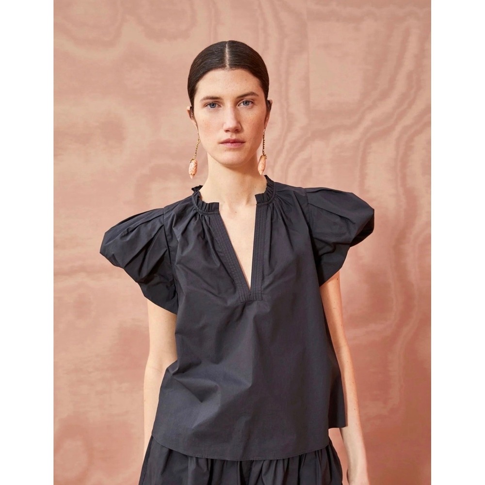 Ulla Johnson Black Cotton Poplin Puff Sleeve V-Neck Blouse Top Size 12